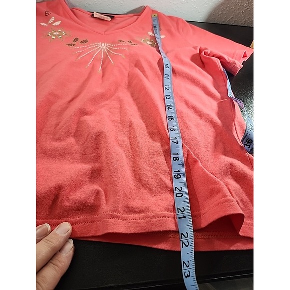 Zoe Women Shirt Top V Neck Short Sleeve Coral Pink Size Lg - Picture 7 of 7